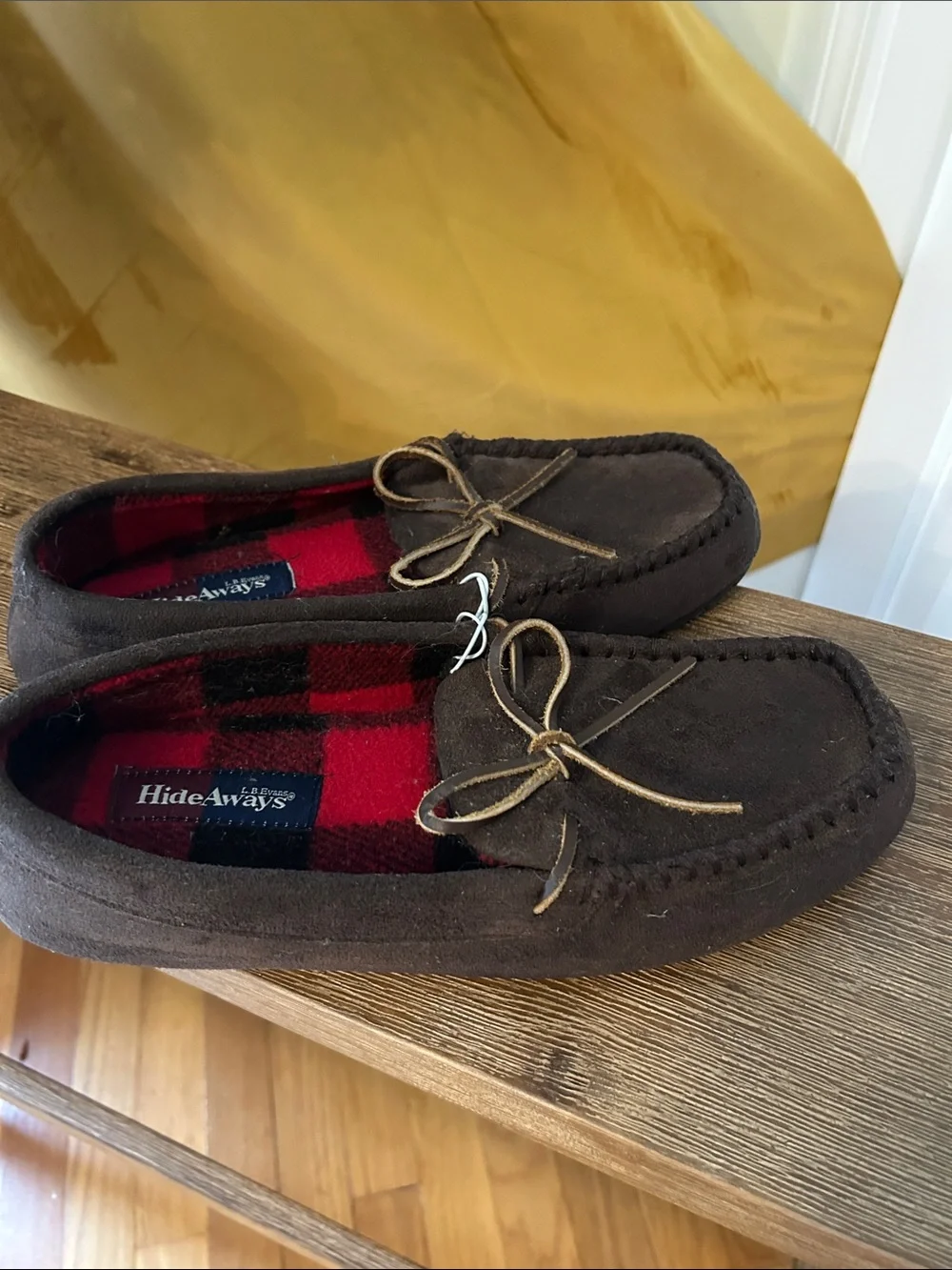 Brown Suede Moccasin Slippers with Red Plaid Lining